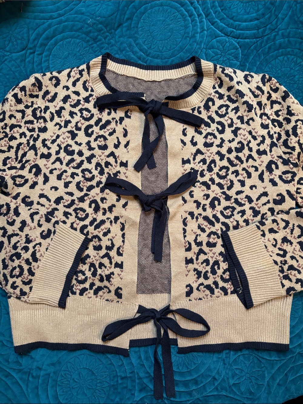 Beige Leopard Tie-Front Sweater Cardigan
